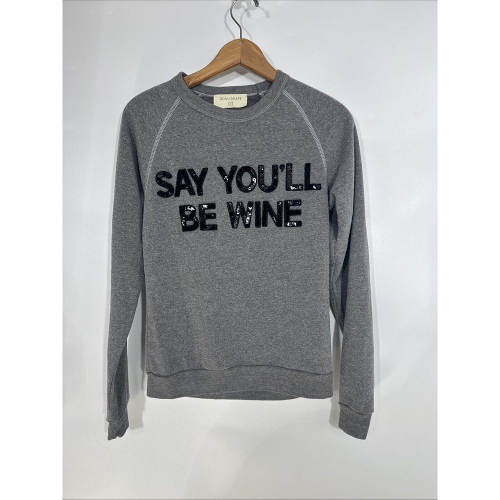 Bow & Drape Say You'll Be Wine Sequin Gray Raglan Sweatshirt S - Picture 2 of 11
